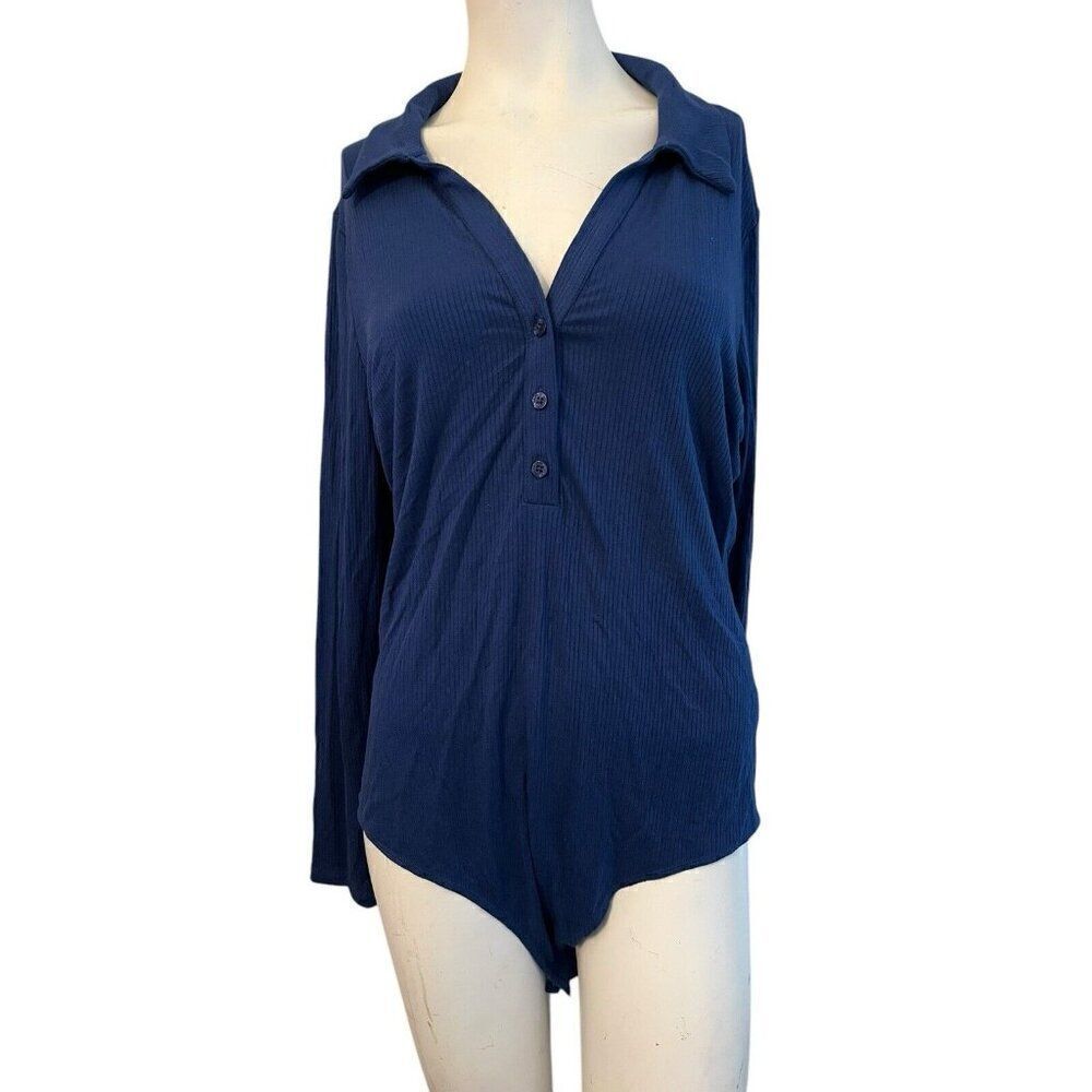 Ladies Size XL Navy Blue Ribbed Long Sleeve Collared Button Knit Body Suit NWT